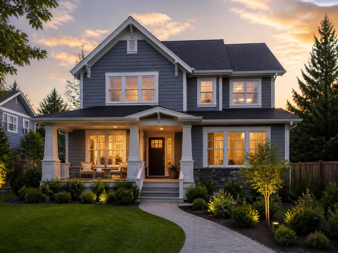 A two-story American craftsman home with a covered front porch and warmly lit windows at dusk
